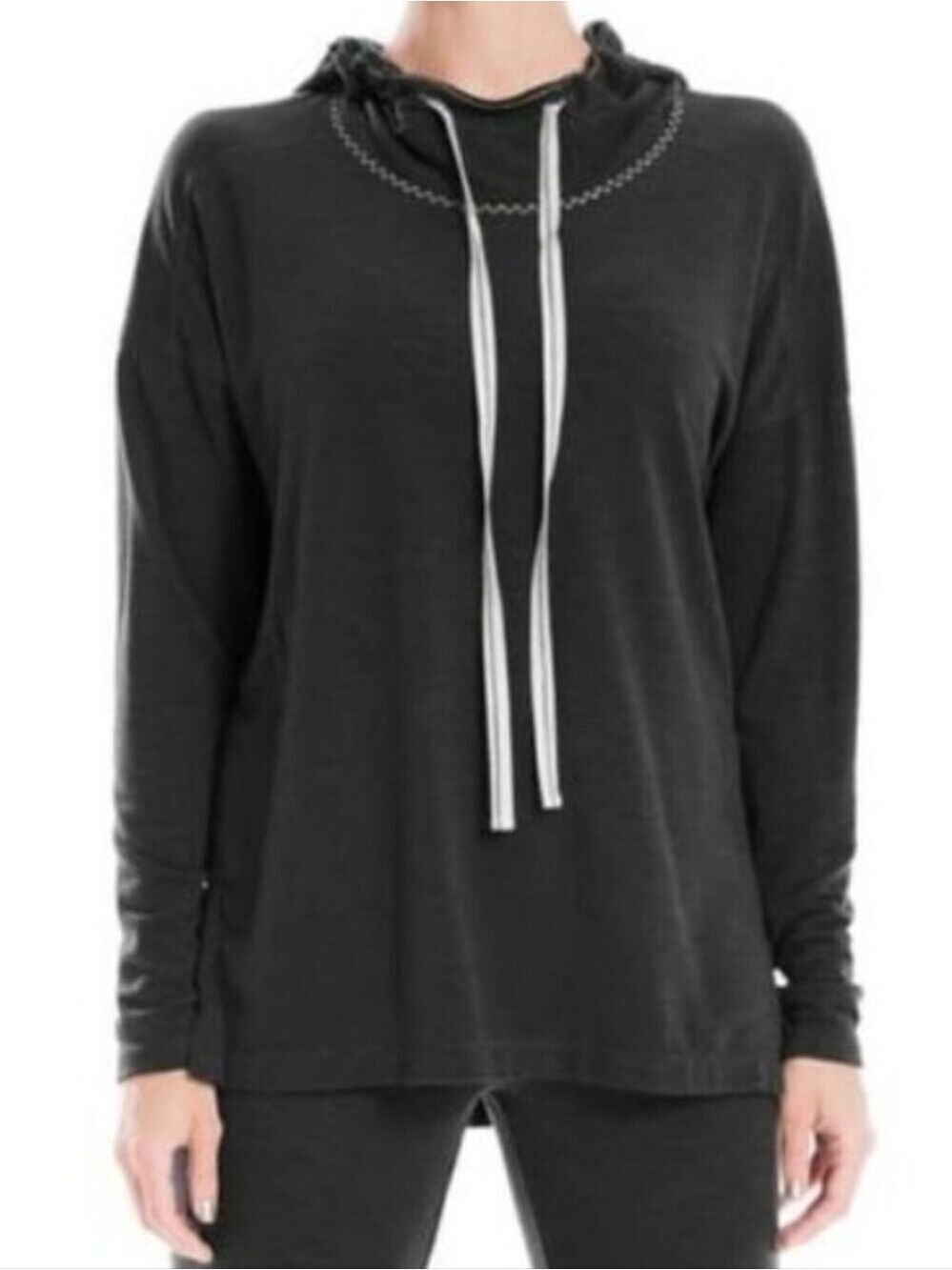 Max Studio Black Funnel Neck Hooded Pullover Sweatshirt Size Small